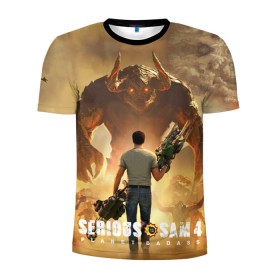 Мужская футболка 3D спортивная с принтом Serious Sam 4 в Тюмени, 100% полиэстер с улучшенными характеристиками | приталенный силуэт, круглая горловина, широкие плечи, сужается к линии бедра | croteam | devolver | digital | games | planet | sam | serious | игры | крутой | планета | сэм