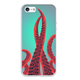 Чехол для iPhone 5/5S матовый с принтом красные щупальца осминога в Тюмени, Силикон | Область печати: задняя сторона чехла, без боковых панелей | враг | градиент | захвачен | злобный | зловещий | красные | монстр | морской | опасный | осьминог | подводный | рисованный | синий | тентакли | фиолетовый | щупальца