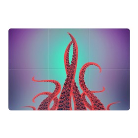 Магнитный плакат 3Х2 с принтом красные щупальца осминога в Тюмени, Полимерный материал с магнитным слоем | 6 деталей размером 9*9 см | враг | градиент | захвачен | злобный | зловещий | красные | монстр | морской | опасный | осьминог | подводный | рисованный | синий | тентакли | фиолетовый | щупальца
