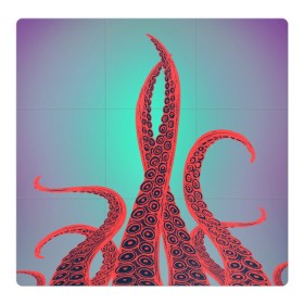 Магнитный плакат 3Х3 с принтом красные щупальца осминога в Тюмени, Полимерный материал с магнитным слоем | 9 деталей размером 9*9 см | враг | градиент | захвачен | злобный | зловещий | красные | монстр | морской | опасный | осьминог | подводный | рисованный | синий | тентакли | фиолетовый | щупальца