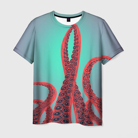 Мужская футболка 3D с принтом красные щупальца осминога в Тюмени, 100% полиэфир | прямой крой, круглый вырез горловины, длина до линии бедер | Тематика изображения на принте: враг | градиент | захвачен | злобный | зловещий | красные | монстр | морской | опасный | осьминог | подводный | рисованный | синий | тентакли | фиолетовый | щупальца