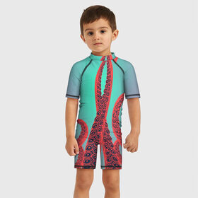 Детский купальный костюм 3D с принтом красные щупальца осминога в Тюмени, Полиэстер 85%, Спандекс 15% | застежка на молнии на спине | враг | градиент | захвачен | злобный | зловещий | красные | монстр | морской | опасный | осьминог | подводный | рисованный | синий | тентакли | фиолетовый | щупальца