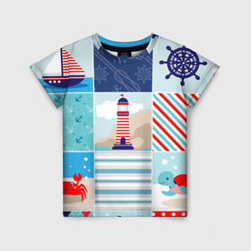 Детская футболка 3D с принтом Моряк  в Тюмени, 100% гипоаллергенный полиэфир | прямой крой, круглый вырез горловины, длина до линии бедер, чуть спущенное плечо, ткань немного тянется | вода | краб | маяк | море | моряк | океан | парус | полосы | черепаха | штурвал | яхта