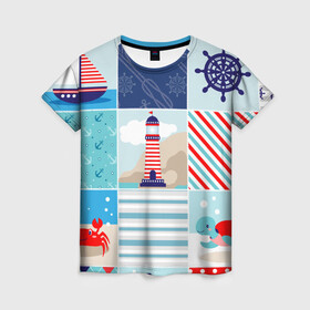 Женская футболка 3D с принтом Моряк  в Тюмени, 100% полиэфир ( синтетическое хлопкоподобное полотно) | прямой крой, круглый вырез горловины, длина до линии бедер | вода | краб | маяк | море | моряк | океан | парус | полосы | черепаха | штурвал | яхта