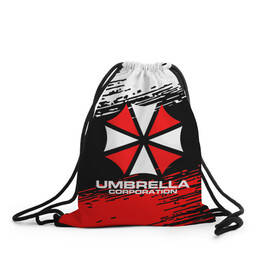 Рюкзак-мешок 3D с принтом Umbrella Corporation. в Тюмени, 100% полиэстер | плотность ткани — 200 г/м2, размер — 35 х 45 см; лямки — толстые шнурки, застежка на шнуровке, без карманов и подкладки | resident evil | umbrella corporation | амбрелла | амбрелла корпорейшн | вирус | вымышленная военная и фармацевтическая корпорация | игра | умбрелла