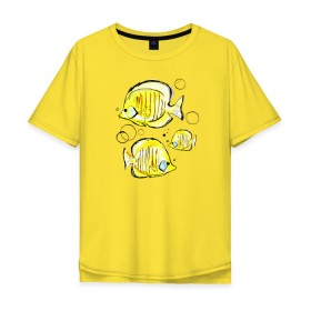 Мужская футболка хлопок Oversize с принтом Рыбы-бабочки в Тюмени, 100% хлопок | свободный крой, круглый ворот, “спинка” длиннее передней части | Тематика изображения на принте: аквариумные | бабочки | дизайн | желтый | модная | морская | обитатели | оригинальный | подводное | принт | рыба | рыбы | скетч | стильная | яркая