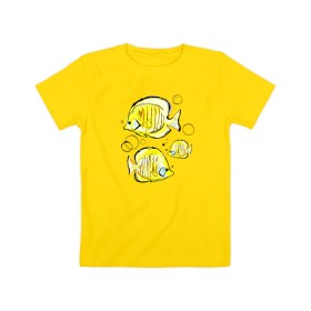 Детская футболка хлопок с принтом Рыбы-бабочки в Тюмени, 100% хлопок | круглый вырез горловины, полуприлегающий силуэт, длина до линии бедер | Тематика изображения на принте: аквариумные | бабочки | дизайн | желтый | модная | морская | обитатели | оригинальный | подводное | принт | рыба | рыбы | скетч | стильная | яркая