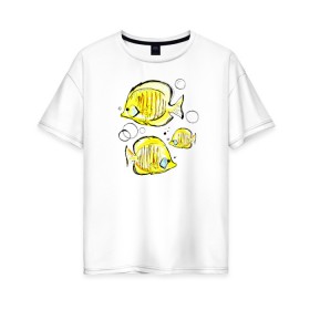 Женская футболка хлопок Oversize с принтом Рыбы-бабочки в Тюмени, 100% хлопок | свободный крой, круглый ворот, спущенный рукав, длина до линии бедер
 | аквариумные | бабочки | дизайн | желтый | модная | морская | обитатели | оригинальный | подводное | принт | рыба | рыбы | скетч | стильная | яркая