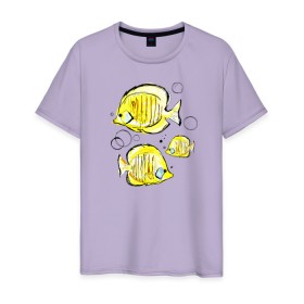 Мужская футболка хлопок с принтом Рыбы-бабочки в Тюмени, 100% хлопок | прямой крой, круглый вырез горловины, длина до линии бедер, слегка спущенное плечо. | Тематика изображения на принте: аквариумные | бабочки | дизайн | желтый | модная | морская | обитатели | оригинальный | подводное | принт | рыба | рыбы | скетч | стильная | яркая