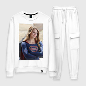 Женский костюм хлопок с принтом Supergirl в Тюмени, 100% хлопок | на свитшоте круглая горловина, мягкая резинка по низу. Брюки заужены к низу, на них два вида карманов: два 