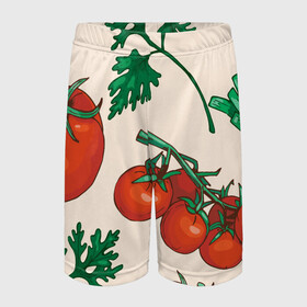 Детские спортивные шорты 3D с принтом Летние овощи в Тюмени,  100% полиэстер
 | пояс оформлен широкой мягкой резинкой, ткань тянется
 | Тематика изображения на принте: 3d | зелень | летние | лето | лук | овощи | петрушка | помидоры | популярные | томаты