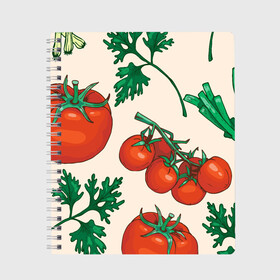 Тетрадь с принтом Летние овощи в Тюмени, 100% бумага | 48 листов, плотность листов — 60 г/м2, плотность картонной обложки — 250 г/м2. Листы скреплены сбоку удобной пружинной спиралью. Уголки страниц и обложки скругленные. Цвет линий — светло-серый
 | 3d | зелень | летние | лето | лук | овощи | петрушка | помидоры | популярные | томаты