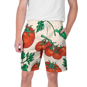 Мужские шорты 3D с принтом Летние овощи в Тюмени,  полиэстер 100% | прямой крой, два кармана без застежек по бокам. Мягкая трикотажная резинка на поясе, внутри которой широкие завязки. Длина чуть выше колен | 3d | зелень | летние | лето | лук | овощи | петрушка | помидоры | популярные | томаты