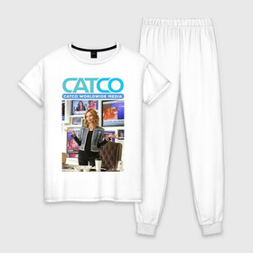 Женская пижама хлопок с принтом CatCo в Тюмени, 100% хлопок | брюки и футболка прямого кроя, без карманов, на брюках мягкая резинка на поясе и по низу штанин | catco | supergirl | vdzabma | кэтко | супергерл