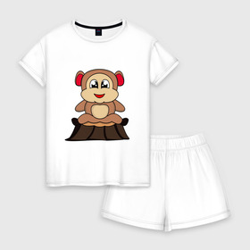 Женская пижама с шортиками хлопок с принтом обезьяна в Тюмени, 100% хлопок | футболка прямого кроя, шорты свободные с широкой мягкой резинкой | детские | животные | звери | картинки | милый | мультфильмы | обезьяна | пень | популярные | прикольные | смешные | счастливый