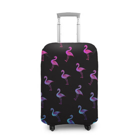 Чехол для чемодана 3D с принтом Фламинго в Тюмени, 86% полиэфир, 14% спандекс | двустороннее нанесение принта, прорези для ручек и колес | крылья | лапы | пернатый | перо | перья | птица | птицы | птичка | розовый | розовый фламинго | фламинго | черный