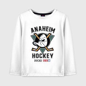 Детский лонгслив хлопок с принтом ANAHEIM DUCKS в Тюмени, 100% хлопок | круглый вырез горловины, полуприлегающий силуэт, длина до линии бедер | anaheim | ducks | hockey | nhl | sport | usa | клюшки | нхл | спорт | утки | хоккей | шайбу