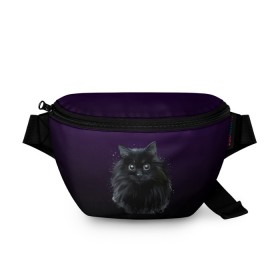 Поясная сумка 3D с принтом черный кот на фиолетовом фоне в Тюмени, 100% полиэстер | плотная ткань, ремень с регулируемой длиной, внутри несколько карманов для мелочей, основное отделение и карман с обратной стороны сумки застегиваются на молнию | акварель | глаза | клево | котейка | котенок | котик | котэ | кошак | кошка | красиво | любителю кошек | модно | мяу | подарок | пушистый | рисунок | стильно | темный | черный кот | шерсть