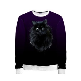 Детский свитшот 3D с принтом черный кот на фиолетовом фоне в Тюмени, 100% полиэстер | свободная посадка, прямой крой, мягкая тканевая резинка на рукавах и понизу свитшота | акварель | глаза | клево | котейка | котенок | котик | котэ | кошак | кошка | красиво | любителю кошек | модно | мяу | подарок | пушистый | рисунок | стильно | темный | черный кот | шерсть