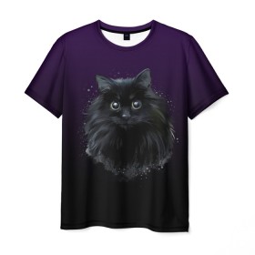 Мужская футболка 3D с принтом черный кот на фиолетовом фоне в Тюмени, 100% полиэфир | прямой крой, круглый вырез горловины, длина до линии бедер | акварель | глаза | клево | котейка | котенок | котик | котэ | кошак | кошка | красиво | любителю кошек | модно | мяу | подарок | пушистый | рисунок | стильно | темный | черный кот | шерсть
