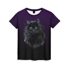 Женская футболка 3D с принтом черный кот на фиолетовом фоне в Тюмени, 100% полиэфир ( синтетическое хлопкоподобное полотно) | прямой крой, круглый вырез горловины, длина до линии бедер | акварель | глаза | клево | котейка | котенок | котик | котэ | кошак | кошка | красиво | любителю кошек | модно | мяу | подарок | пушистый | рисунок | стильно | темный | черный кот | шерсть