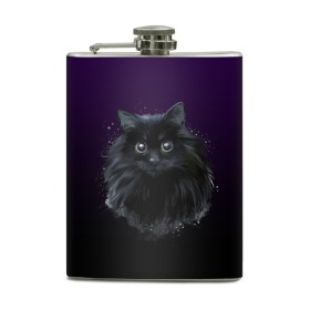 Фляга с принтом черный кот на фиолетовом фоне в Тюмени, металлический корпус | емкость 0,22 л, размер 125 х 94 мм. Виниловая наклейка запечатывается полностью | акварель | глаза | клево | котейка | котенок | котик | котэ | кошак | кошка | красиво | любителю кошек | модно | мяу | подарок | пушистый | рисунок | стильно | темный | черный кот | шерсть