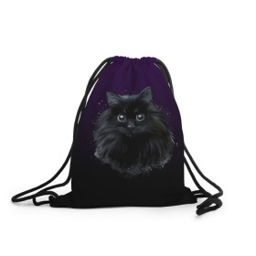 Рюкзак-мешок 3D с принтом черный кот на фиолетовом фоне в Тюмени, 100% полиэстер | плотность ткани — 200 г/м2, размер — 35 х 45 см; лямки — толстые шнурки, застежка на шнуровке, без карманов и подкладки | акварель | глаза | клево | котейка | котенок | котик | котэ | кошак | кошка | красиво | любителю кошек | модно | мяу | подарок | пушистый | рисунок | стильно | темный | черный кот | шерсть