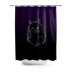 Штора 3D для ванной с принтом черный кот на фиолетовом фоне в Тюмени, 100% полиэстер | плотность материала — 100 г/м2. Стандартный размер — 146 см х 180 см. По верхнему краю — пластиковые люверсы для креплений. В комплекте 10 пластиковых колец | акварель | глаза | клево | котейка | котенок | котик | котэ | кошак | кошка | красиво | любителю кошек | модно | мяу | подарок | пушистый | рисунок | стильно | темный | черный кот | шерсть