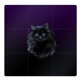 Магнитный плакат 3Х3 с принтом черный кот на фиолетовом фоне в Тюмени, Полимерный материал с магнитным слоем | 9 деталей размером 9*9 см | акварель | глаза | клево | котейка | котенок | котик | котэ | кошак | кошка | красиво | любителю кошек | модно | мяу | подарок | пушистый | рисунок | стильно | темный | черный кот | шерсть