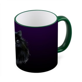 Кружка с принтом черный кот на фиолетовом фоне в Тюмени, керамика | ёмкость 330 мл | акварель | глаза | клево | котейка | котенок | котик | котэ | кошак | кошка | красиво | любителю кошек | модно | мяу | подарок | пушистый | рисунок | стильно | темный | черный кот | шерсть