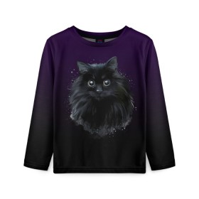Детский лонгслив 3D с принтом черный кот на фиолетовом фоне в Тюмени, 100% полиэстер | длинные рукава, круглый вырез горловины, полуприлегающий силуэт
 | акварель | глаза | клево | котейка | котенок | котик | котэ | кошак | кошка | красиво | любителю кошек | модно | мяу | подарок | пушистый | рисунок | стильно | темный | черный кот | шерсть
