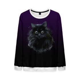 Мужской свитшот 3D с принтом черный кот на фиолетовом фоне в Тюмени, 100% полиэстер с мягким внутренним слоем | круглый вырез горловины, мягкая резинка на манжетах и поясе, свободная посадка по фигуре | Тематика изображения на принте: акварель | глаза | клево | котейка | котенок | котик | котэ | кошак | кошка | красиво | любителю кошек | модно | мяу | подарок | пушистый | рисунок | стильно | темный | черный кот | шерсть