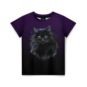Детская футболка 3D с принтом черный кот на фиолетовом фоне в Тюмени, 100% гипоаллергенный полиэфир | прямой крой, круглый вырез горловины, длина до линии бедер, чуть спущенное плечо, ткань немного тянется | акварель | глаза | клево | котейка | котенок | котик | котэ | кошак | кошка | красиво | любителю кошек | модно | мяу | подарок | пушистый | рисунок | стильно | темный | черный кот | шерсть