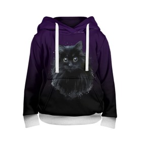 Детская толстовка 3D с принтом черный кот на фиолетовом фоне в Тюмени, 100% полиэстер | двухслойный капюшон со шнурком для регулировки, мягкие манжеты на рукавах и по низу толстовки, спереди карман-кенгуру с мягким внутренним слоем | Тематика изображения на принте: акварель | глаза | клево | котейка | котенок | котик | котэ | кошак | кошка | красиво | любителю кошек | модно | мяу | подарок | пушистый | рисунок | стильно | темный | черный кот | шерсть