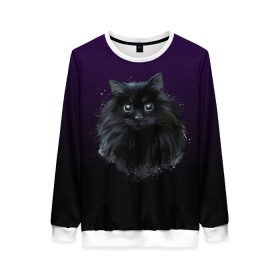 Женский свитшот 3D с принтом черный кот на фиолетовом фоне в Тюмени, 100% полиэстер с мягким внутренним слоем | круглый вырез горловины, мягкая резинка на манжетах и поясе, свободная посадка по фигуре | акварель | глаза | клево | котейка | котенок | котик | котэ | кошак | кошка | красиво | любителю кошек | модно | мяу | подарок | пушистый | рисунок | стильно | темный | черный кот | шерсть