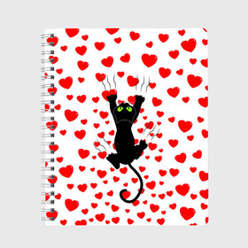 Тетрадь с принтом Котейка в Тюмени, 100% бумага | 48 листов, плотность листов — 60 г/м2, плотность картонной обложки — 250 г/м2. Листы скреплены сбоку удобной пружинной спиралью. Уголки страниц и обложки скругленные. Цвет линий — светло-серый
 | Тематика изображения на принте: animal | cat | love | животное | животные | кот | котенок | кошка | любовь | сердечки | хвост | черная