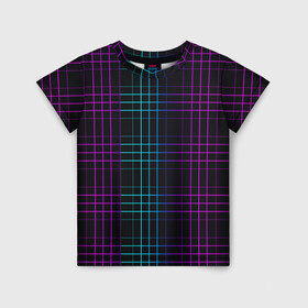 Детская футболка 3D с принтом Neon cell в Тюмени, 100% гипоаллергенный полиэфир | прямой крой, круглый вырез горловины, длина до линии бедер, чуть спущенное плечо, ткань немного тянется | геометрия | градиент | квадраты | клетка | клетчатый | линии | неоновый | полосы | популярный | разноцветный | решетка | сетка | текстура | фиолетовый | шотландка | яркий