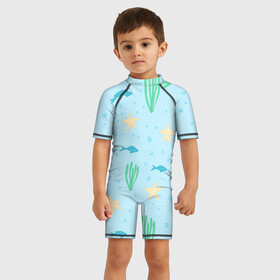 Детский купальный костюм 3D с принтом Подводный мир в Тюмени, Полиэстер 85%, Спандекс 15% | застежка на молнии на спине | 3d | вода | водоросли | дно | звезда | мир | море | океан | подводный | популярные | рыба
