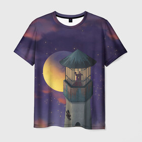 Мужская футболка 3D с принтом To the Moon 3D в Тюмени, 100% полиэфир | прямой крой, круглый вырез горловины, длина до линии бедер | lighthouse | moon | night | pair | silhouettes | stars | to the moon | звёзды | луна | маяк | ночь | пара | силуэты