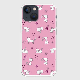 Чехол для iPhone 13 mini с принтом Белая кошка в Тюмени,  |  | белая кошка | кот | кошачьи потягушки | кошка | милая мордочка | милота | розовый