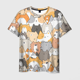 Мужская футболка 3D с принтом Кошачья стая в Тюмени, 100% полиэфир | прямой крой, круглый вырез горловины, длина до линии бедер | Тематика изображения на принте: кот | кошка. коты | кошки | кремовый | много животных | рыжий | серий | черный
