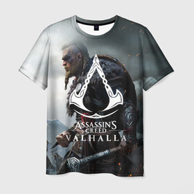 Мужская футболка 3D с принтом ASSASSIN`S CREED VALHALLA в Тюмени, 100% полиэфир | прямой крой, круглый вырез горловины, длина до линии бедер | slayer | valhalla | vikings | асасин | ассасин крид | ассассин | вальхалла | викинги | тамплиеры