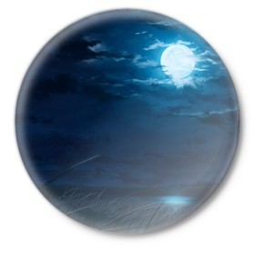 Значок с принтом Ночное поле в Тюмени,  металл | круглая форма, металлическая застежка в виде булавки | Тематика изображения на принте: луна | небо | ночь | облака | поле