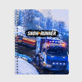 Тетрадь с принтом SNOWRUNNER в Тюмени, 100% бумага | 48 листов, плотность листов — 60 г/м2, плотность картонной обложки — 250 г/м2. Листы скреплены сбоку удобной пружинной спиралью. Уголки страниц и обложки скругленные. Цвет линий — светло-серый
 | snow runner | snowrunner | snowrunner игра | дальнобойщик. | сноу раннер | сноураннер