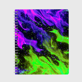 Тетрадь с принтом PURPLE GREEN FLAME в Тюмени, 100% бумага | 48 листов, плотность листов — 60 г/м2, плотность картонной обложки — 250 г/м2. Листы скреплены сбоку удобной пружинной спиралью. Уголки страниц и обложки скругленные. Цвет линий — светло-серый
 | abstraction | bright | fire | flame | geometry | heat | hexagon | light | neon | texture | triangle | wildfire | абстракция | геометрия | искры | неон | неоновый | огненный | огонь | пламя | пожар | соты | текстура