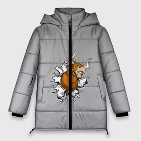 Женская зимняя куртка 3D с принтом Ярость быка на сером в Тюмени, верх — 100% полиэстер; подкладка — 100% полиэстер; утеплитель — 100% полиэстер | длина ниже бедра, силуэт Оверсайз. Есть воротник-стойка, отстегивающийся капюшон и ветрозащитная планка. 

Боковые карманы с листочкой на кнопках и внутренний карман на молнии | 2021 | бык | внезапный | внутренняя сила | градиент | достали | злость | изнутри | мультяшный | прорыв | разрыв | рисованный | рога | серый | сквозь | тореро | ярость