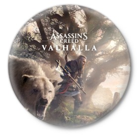 Значок с принтом Assassin’s Creed Valhalla в Тюмени,  металл | круглая форма, металлическая застежка в виде булавки | Тематика изображения на принте: action | creed | eivor | rpg | ubisoft | valhalla | viking | vikings | англия | ассасин | ассасина | вальгалла | викинг | викинги | кредо | эйвор