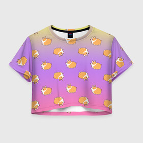 Женская футболка Crop-top 3D с принтом Корги в Тюмени, 100% полиэстер | круглая горловина, длина футболки до линии талии, рукава с отворотами | animal | kids | pattern | дети | животные | корги | лето | малыши | паттерн | текстура