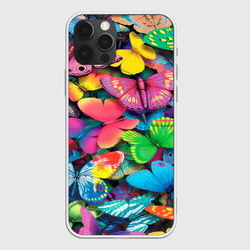 Чехол для iPhone 12 Pro с принтом Радужный рой в Тюмени, силикон | область печати: задняя сторона чехла, без боковых панелей | Тематика изображения на принте: бабочка | бабочки | белый | бирюзовый | зеленый | красный | розовый | серый | синий | фиолетовый | яркий цвет