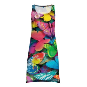 Платье-майка 3D с принтом Радужный рой в Тюмени, 100% полиэстер | полуприлегающий силуэт, широкие бретели, круглый вырез горловины, удлиненный подол сзади. | бабочка | бабочки | белый | бирюзовый | зеленый | красный | розовый | серый | синий | фиолетовый | яркий цвет